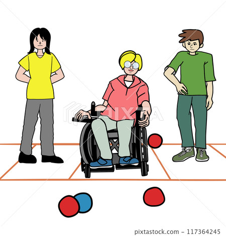 坐在輪椅上的人們享受硬地滾球，這是一項殘障運動 117364245
