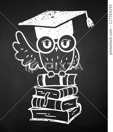 Chalk drawing of cute owl character on books Chalk drawing of cute owl character on books 117364295