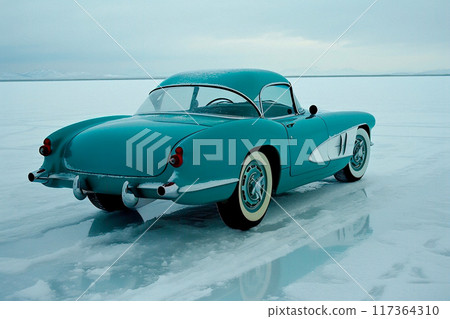 Vintage American Roadster Braves Icy Landscape Vintage American Roadster Braves Icy Landscape 117364310