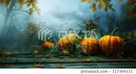 Pumpkins growing in overgrown, foggy field with vines and autumn leaves. Dark trees and cloudy sky in background. Spooky Halloween atmosphere with orange pumpkins. Ai generation 117364331