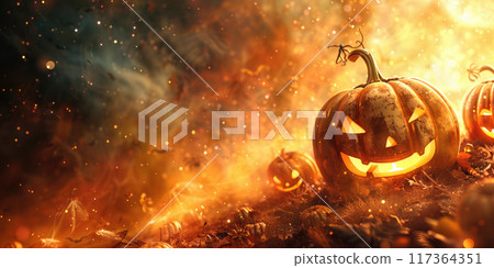 Glowing Halloween Jack o lantern pumpkins with carved faces on smoky background. Autumn leaves and sparkles in air create spooky atmosphere. Halloween night celebration concept. Ai generation Glowing Halloween Jack o lantern pumpkins with carved faces on smoky background. Autumn leaves and sparkles in air create spooky atmosphere. Halloween night celebration concept. Ai generation 117364351