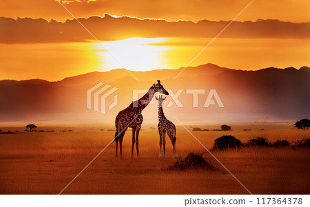 A mother and child giraffe walking in the grasslands of the African savanna 117364378