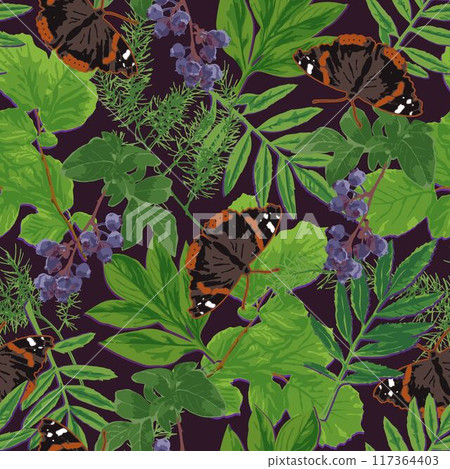 Dark summer seamless pattern with green lush foliage, leaves, bunches of ripe blueberries, admiral butterfly. Floral botanical background. 117364403