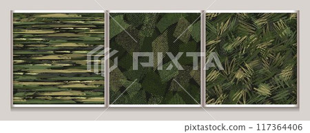 Seamless khaki green camouflage patterns. Abstract lines and shapes. Grunge texture. For apparel, fabric, textile, sport goods. 117364406