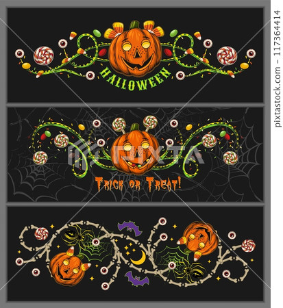 Set of Halloween banners, borders with sweets, creepy red eyeball, green swirls, text, pumpkin head like happy kids. For horizontal holiday poster, header for website, social media, prints Set of Halloween banners, borders with sweets, creepy red eyeball, green swirls, text, pumpkin head like happy kids. For horizontal holiday poster, header for website, social media, prints 117364414
