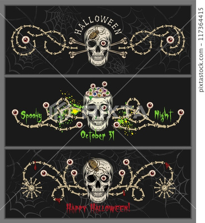 Set of Halloween banners, borders with bones, skull with red eyeball, spiderwebs. For horizontal holiday poster, invitation, header for website, social media, prints Not AI Set of Halloween banners, borders with bones, skull with red eyeball, spiderwebs. For horizontal holiday poster, invitation, header for website, social media, prints Not AI 117364415