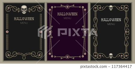 Set of vintage frames made with bones, skull, creepy eyes. Good for Halloween, Dia de Muertos holiday decoration. Template for menu, poster, invitation etc Not AI 117364417