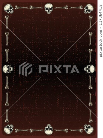 Vertical rectangular vintage frame with broken bones, half human skull. Layout, template with copy space, copy text. Scuffed textured background. Gothic vintage style. Vertical rectangular vintage frame with broken bones, half human skull. Layout, template with copy space, copy text. Scuffed textured background. Gothic vintage style. 117364418