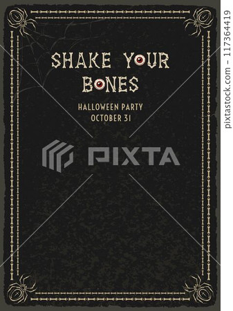 Vintage vertical frame made with spiders, bones. Black textured background with copy space. For Halloween, Dia de los Muertos holiday decoration. Template for menu, poster, invitation 117364419