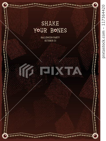 Vintage vertical frame made with red eye ball, bones. Dark red textured background with copy space. For Halloween, Dia de los Muertos holiday decoration. Template for menu, poster, invitation 117364420