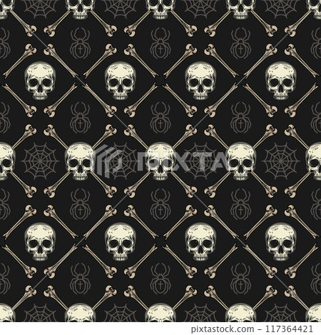 Geometric halloween pattern with square grid with rhombus cells, broken bones, half skull without jaw, spider, spider web on black background. Classic grid pattern. Vintage style. 117364421