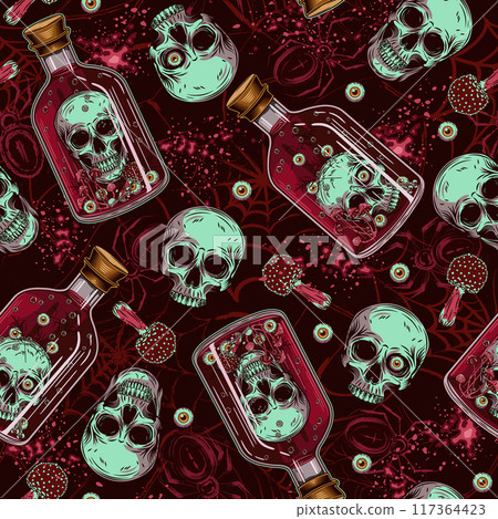 Seamless scary pattern with Halloween objects 117364423