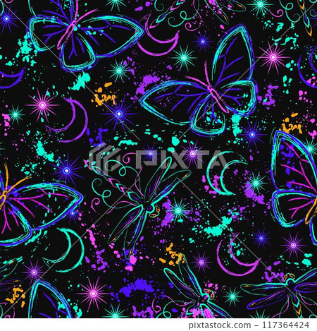 Seamless fluorescent fantasy pattern with moon, butterfly, dragonfly, paint brush strokes, splattered paint. Bright glowing neon colors. Outline contour illustration. Virtual surreal nature background Seamless fluorescent fantasy pattern with moon, butterfly, dragonfly, paint brush strokes, splattered paint. Bright glowing neon colors. Outline contour illustration. Virtual surreal nature background 117364424