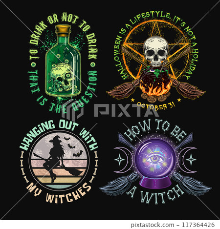 Labels with cauldron, skull, bottle with green potion, magic ball, criss crossed brooms, pentagram sign, magic ball, wiccan signs, text. Colorful witchy illustrations on black in vintage style Labels with cauldron, skull, bottle with green potion, magic ball, criss crossed brooms, pentagram sign, magic ball, wiccan signs, text. Colorful witchy illustrations on black in vintage style 117364426