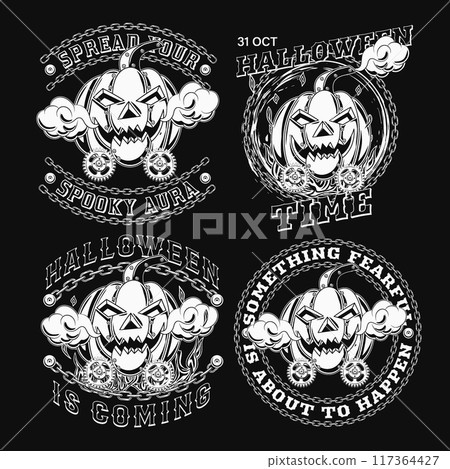 Set of labels in steampunk style with halloween pumpkin, gears, chains, text. Creative fantasy concept. Infernal black and white illustrations in vintage style. Set of labels in steampunk style with halloween pumpkin, gears, chains, text. Creative fantasy concept. Infernal black and white illustrations in vintage style. 117364427