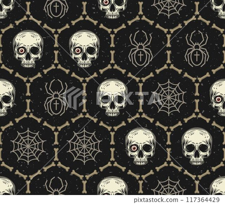 Geometric Halloween pattern with bones, half skull without jaw, spider, spider web, red eyeball. Textured dark background, hexagonal grid pattern. Vintage style. 117364429
