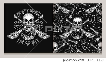 Halloween pattern, label with witch cauldron with bubbling potion, half skull, criss crossed brooms, silhouette of bat, distorted silhouette of spider web, bones, little stars Not AI 117364430