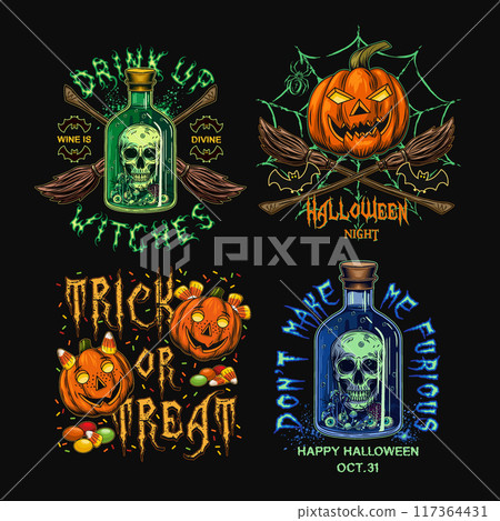 Labels with bottle with skull and poisonous potion, criss crossed brooms, spider web, pumpkin heads, text. Colorful witchy illustrations on black background in vintage style 117364431