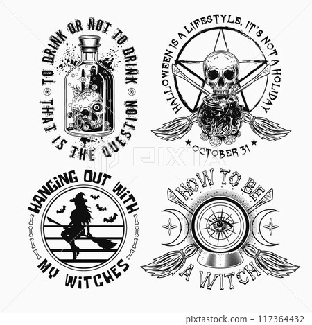 Labels with cauldron, skull, bottle with potion, magic ball, criss crossed brooms, pentagram sign, magic ball, wiccan signs, text. Black and white witchy illustrations on white in vintage style 117364432
