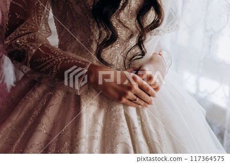 Elegant bridal gown detail with delicate lace and beadwork, capturing the essence of wedding beauty 117364575