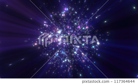 Abstract purple glowing energy molecule sphere nucleus atom round background with flying blurred dots bokeh particles 117364644
