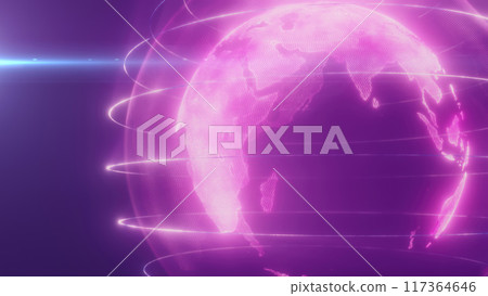 A digital representation of purple Earth with glowing lines encircling the planet, highlighting global connectivity and technology A digital representation of purple Earth with glowing lines encircling the planet, highlighting global connectivity and technology 117364646
