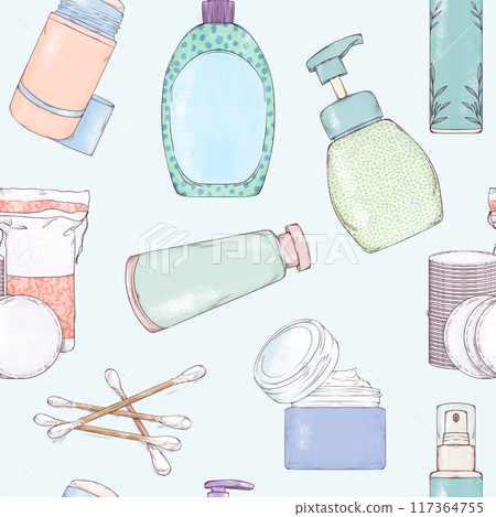 Self-care essentials, cosmetic bottles, tubes and jars hand drawn skin care seamless pattern 117364755