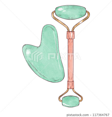 Face Roller and Gua Sha Stone Massager for Face Hand drawn Illustration Face Roller and Gua Sha Stone Massager for Face Hand drawn Illustration 117364767