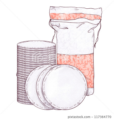 Cotton Pads, Makeup Remover Pack Hand drawn Illustration 117364770