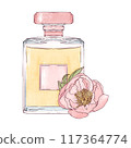Perfume Glass Bottle with Peony Flower Hand drawn Illustration 117364774