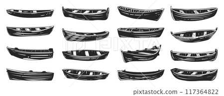 Row Boats Icons Set Neat Thick Strokes Shapes Black on White Background Nautical Vessels Watercraft Marine Design Elements Fishing Recreation Outdoor Activities 117364822