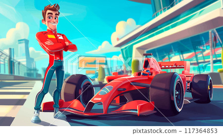 Happy Smiling Formula 1 Driver Next to Racing Car Cartoon Environment Illustration Motorsport Racing Vehicle Driver Character Speed Track Fun Graphics Happy Smiling Formula 1 Driver Next to Racing Car Cartoon Environment Illustration Motorsport Racing Vehicle Driver Character Speed Track Fun Graphics 117364853