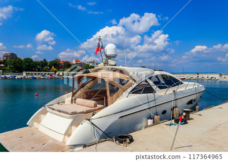 Modern luxury yacht in yacht port in Pomorie, Bulgaria Modern luxury yacht in yacht port in Pomorie, Bulgaria 117364965