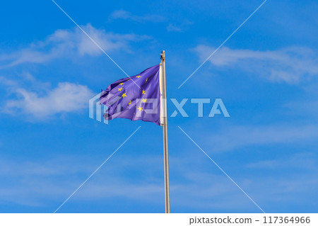 Waving flag of European Union against blue sky Waving flag of European Union against blue sky 117364966