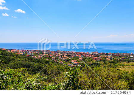Aerial view of Sveti Vlas resort and the Black Sea in Bulgaria 117364984