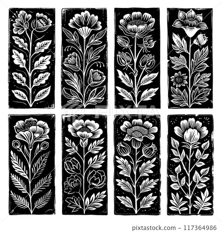 Beautiful Floral Trio Black and White Block Prints Linocut Style Icons Set Black on White Background Flower Illustrations Botanical Art Nature Design Elements Vintage Prints 117364986