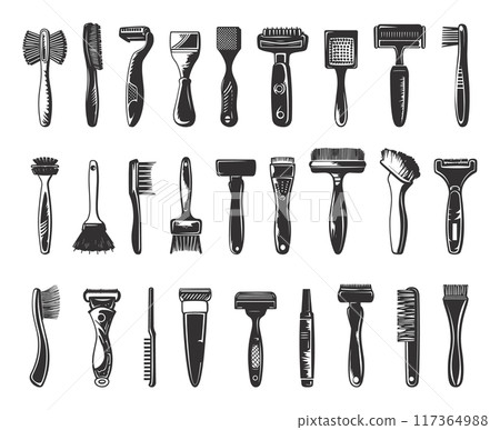 Beard and Moustache Styling Tools Linocut Style Icon Set Neat Thick Strokes and Shapes Black on White Background Grooming Tools Facial Hair Accessories Barber Equipment Elements 117364988