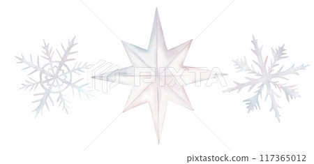 Watercolor light white pink blue snowflakes. Hand drawn illustration snow in pastel colors on isolated background. For winter New Year's design fairy tale children's cards 117365012