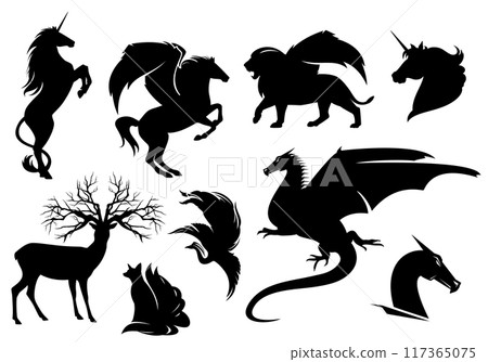 fairy tale supernatural animals black and white vector silhouette set 117365075