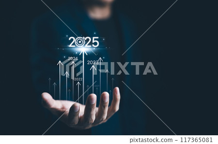 Businessman presents the year 2025 with ascending arrows representing yearly progress from 2021 to 2025, symbolizing business growth, future goals, and strategy planning. Challenge in the new year, Businessman presents the year 2025 with ascending arrows representing yearly progress from 2021 to 2025, symbolizing business growth, future goals, and strategy planning. Challenge in the new year, 117365081