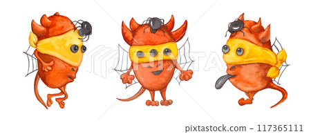 Carnival character. Cheerful three-eyed cartoon monster bright orange color with two pairs of ears, wings and tail. Isolated watercolor illustration. Halloween set Carnival character. Cheerful three-eyed cartoon monster bright orange color with two pairs of ears, wings and tail. Isolated watercolor illustration. Halloween set 117365111