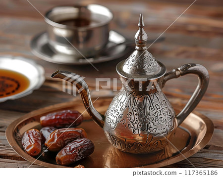 Dallah is a metal pot with a long spout designed specifically for making Arabic coffee. Dallah is a metal pot with a long spout designed specifically for making Arabic coffee. 117365186