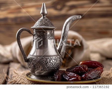 Dallah is a metal pot with a long spout designed specifically for making Arabic coffee. Dallah is a metal pot with a long spout designed specifically for making Arabic coffee. 117365192