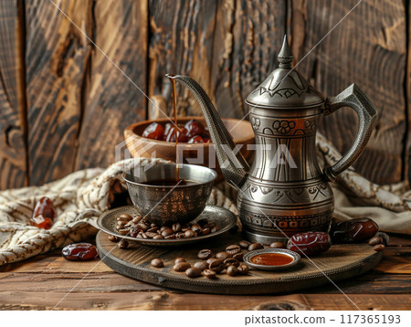 Dallah is a metal pot with a long spout designed specifically for making Arabic coffee. 117365193