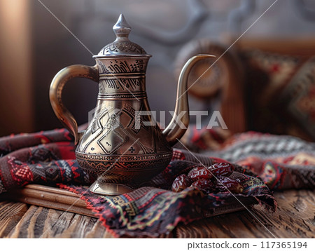 Dallah is a metal pot with a long spout designed specifically for making Arabic coffee. 117365194