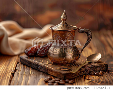Dallah is a metal pot with a long spout designed specifically for making Arabic coffee. 117365197