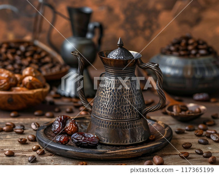 Dallah is a metal pot with a long spout designed specifically for making Arabic coffee. Dallah is a metal pot with a long spout designed specifically for making Arabic coffee. 117365199