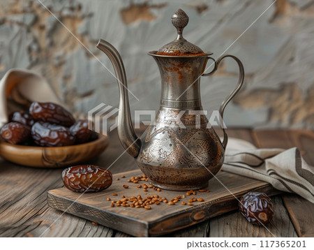 Dallah is a metal pot with a long spout designed specifically for making Arabic coffee. Dallah is a metal pot with a long spout designed specifically for making Arabic coffee. 117365201