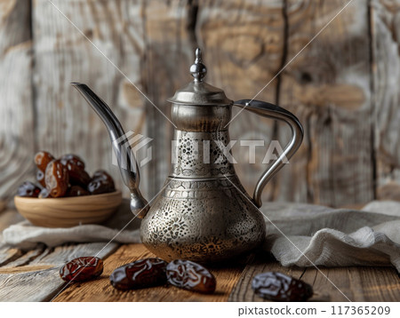 Dallah is a metal pot with a long spout designed specifically for making Arabic coffee. 117365209
