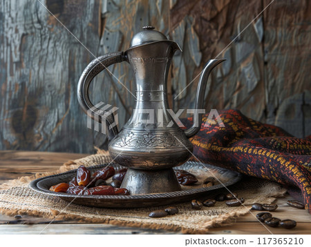 Dallah is a metal pot with a long spout designed specifically for making Arabic coffee. 117365210